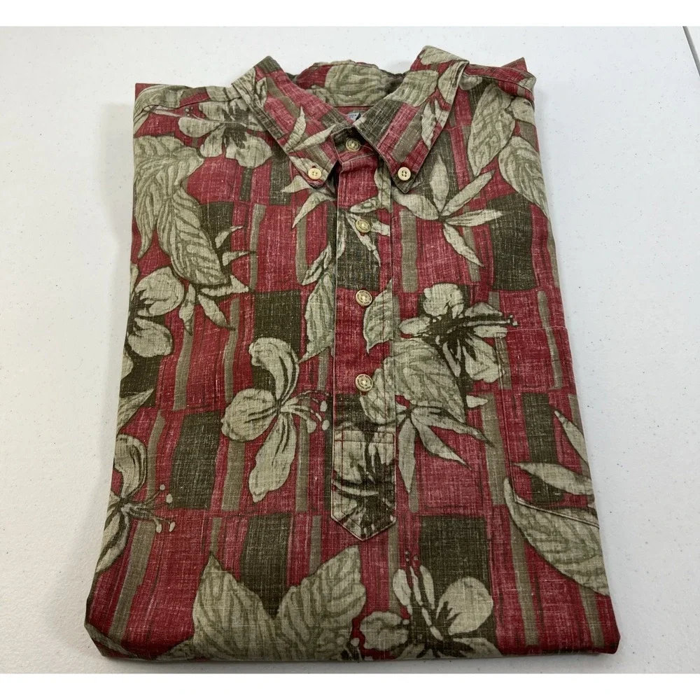 Reyn Spooner Men's Hawaiian Brick Red Floral 1/4 Button Up Shirt Resort Size 2XL